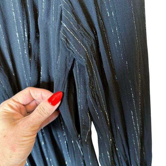 Elan Shimmer Stripe Black Tiered Midi Dress Long Sleeve Tie Neck size Medium - Picture 6 of 8